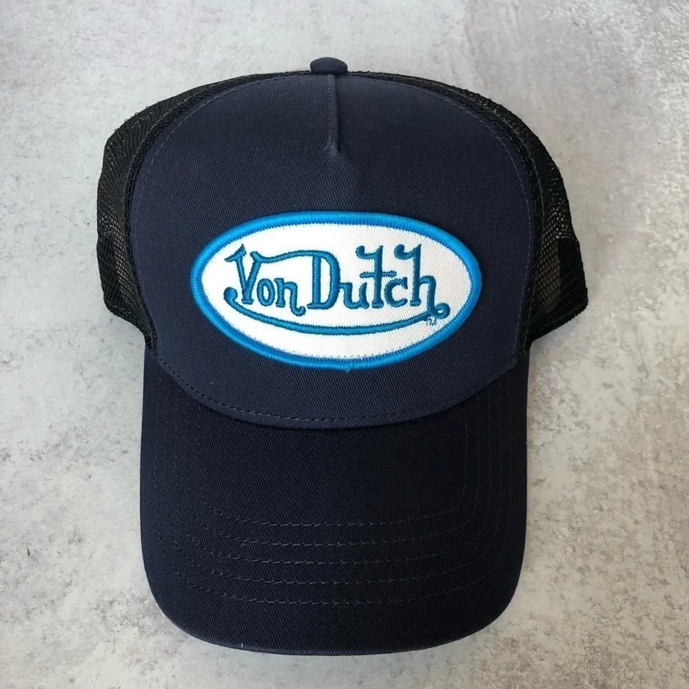 Von Dutch Trucker Hat Navy Blue Black Embroidered Logo Patch Mesh Snapback